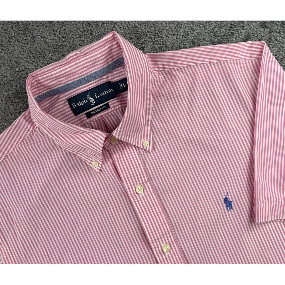 Ralph Lauren Mens Large Pink White Striped Short Sleeve Button Down Custom Fit